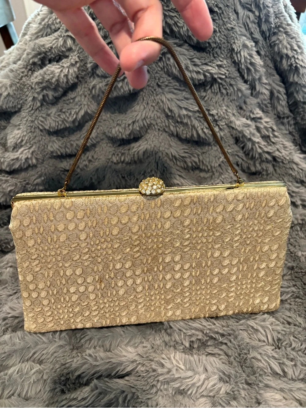 Vintage Bobbie Jerome Textured Gold Evening Clutch with Crystal Kiss Lock